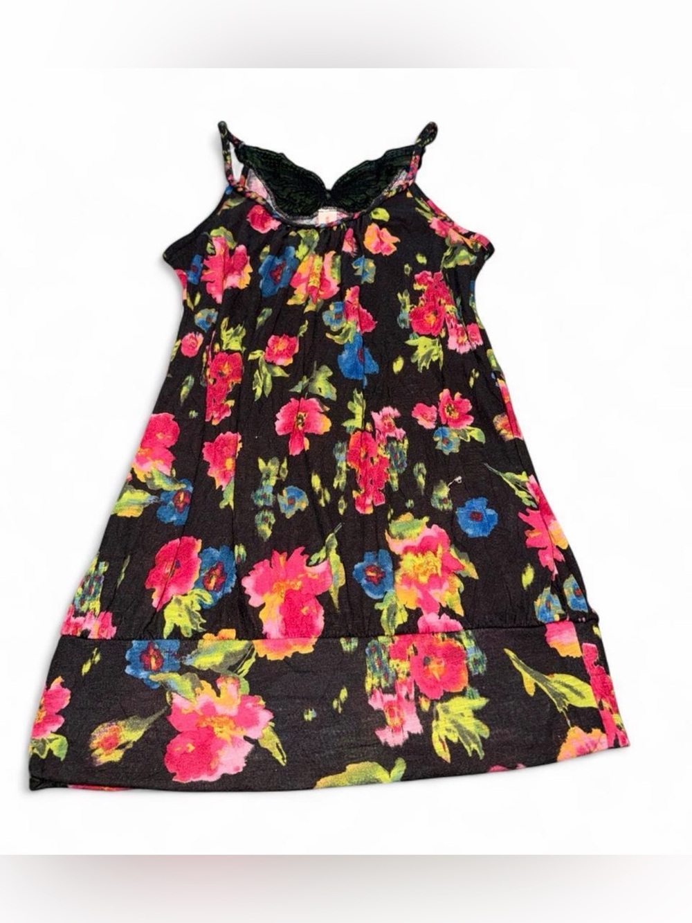 Y2K Black floral tank top with pink, blue, and yellow flowers